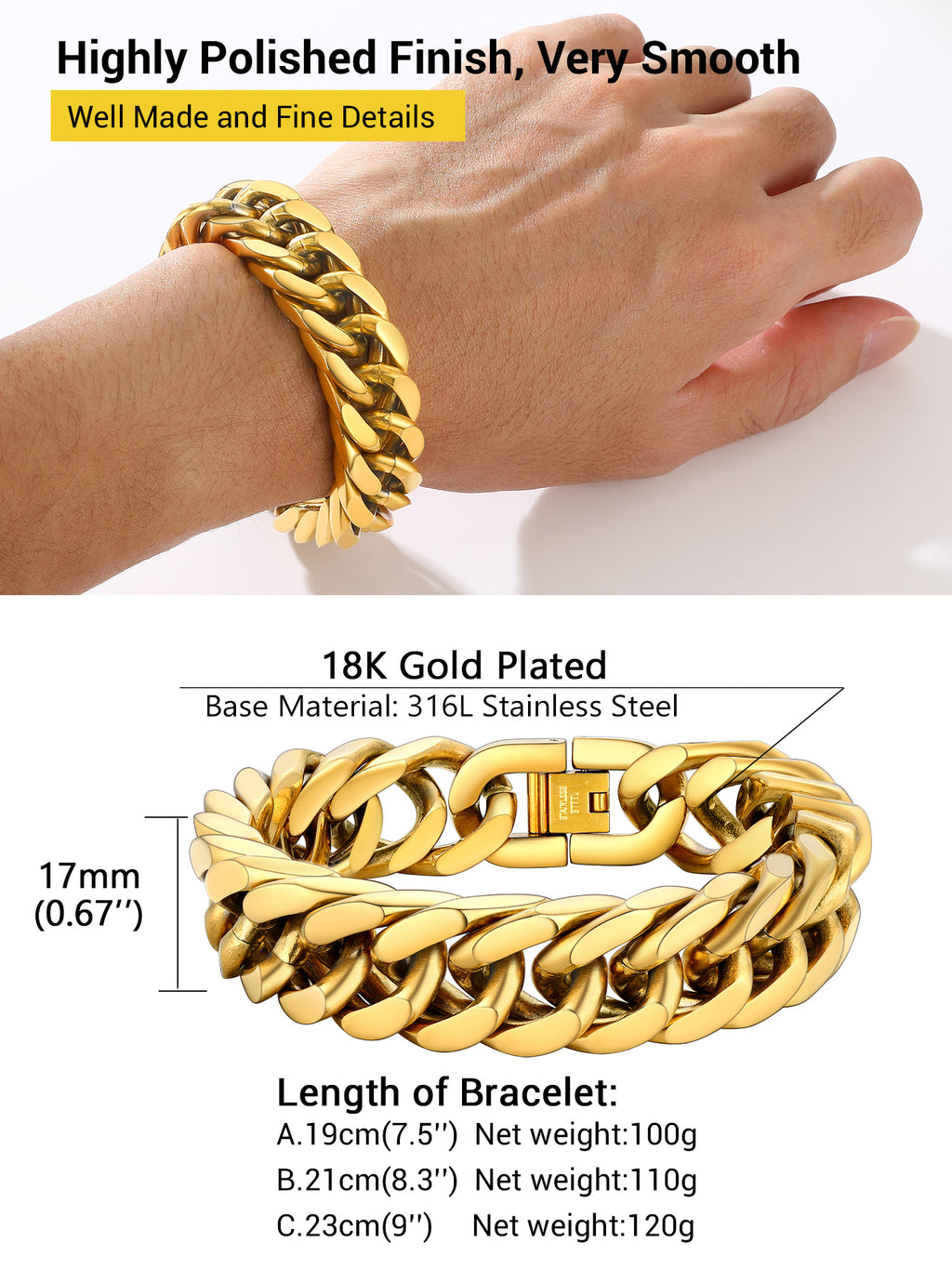 Men Stainless Steel 17Mm Cuban Chain Bracelets Hip Pop Chunky Franco Gold Plated Chain Bracelet 7.5 Inch Chains Jewelry Birthday Graduation Father'S Day Gifts