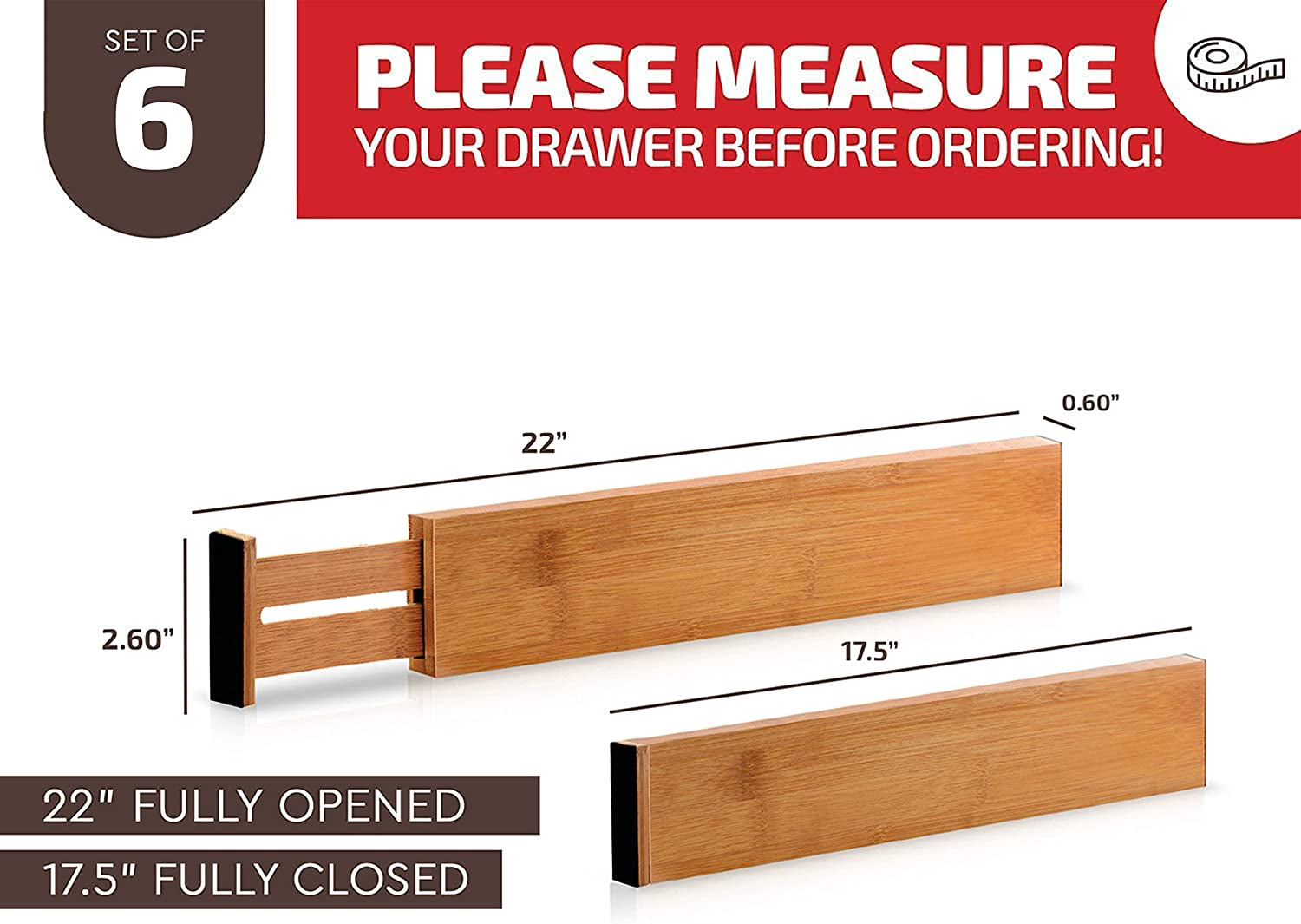 6 Pack Bamboo Drawer Dividers - 17" to 21.5" Expandable Adjustable Drawer Organizer for Kitchen Utensils, Large Kitchen Drawer Divider, Clothes, Dresser, Bedroom, Bathroom & Desk Drawer Separator Set