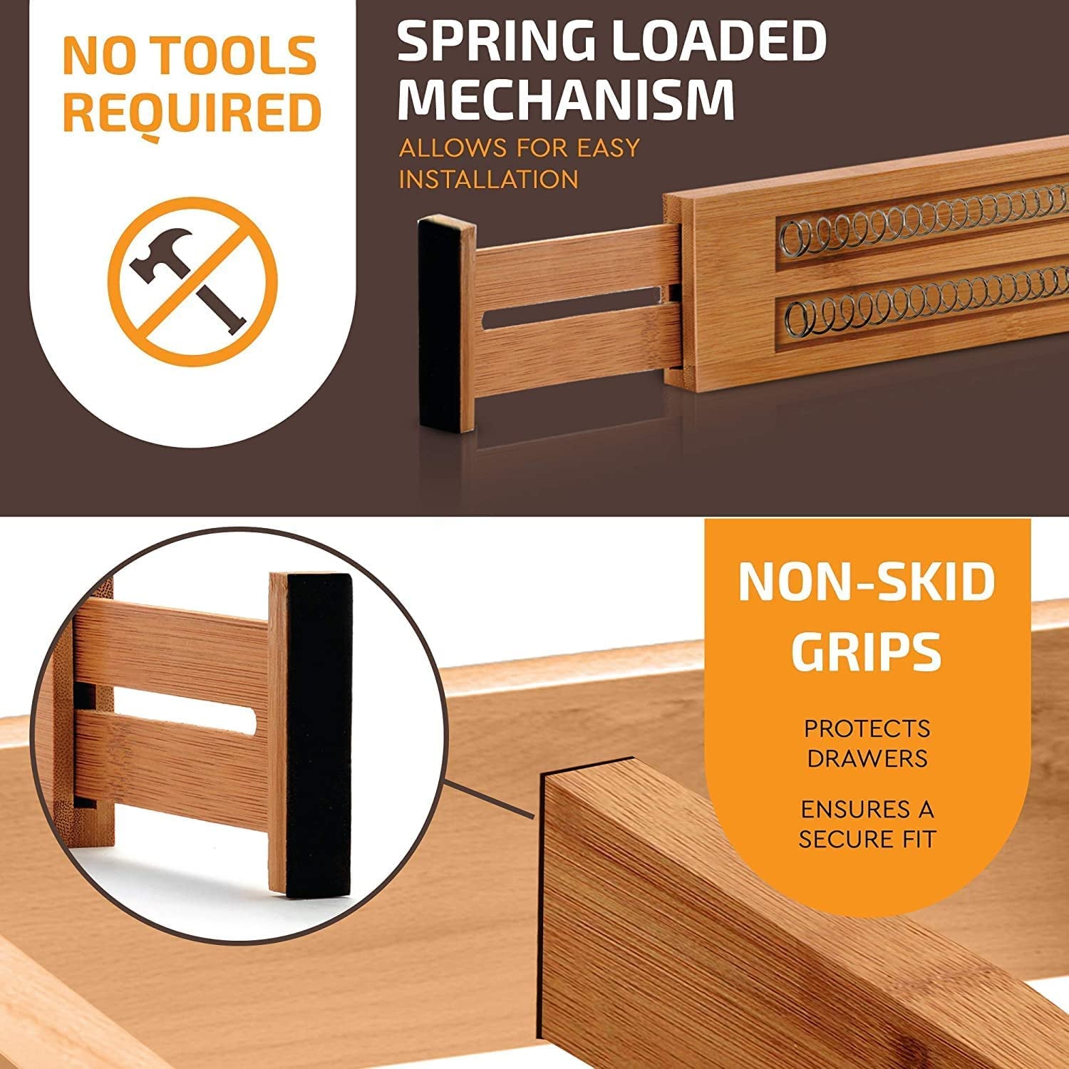6 Pack Bamboo Drawer Dividers - 17" to 21.5" Expandable Adjustable Drawer Organizer for Kitchen Utensils, Large Kitchen Drawer Divider, Clothes, Dresser, Bedroom, Bathroom & Desk Drawer Separator Set